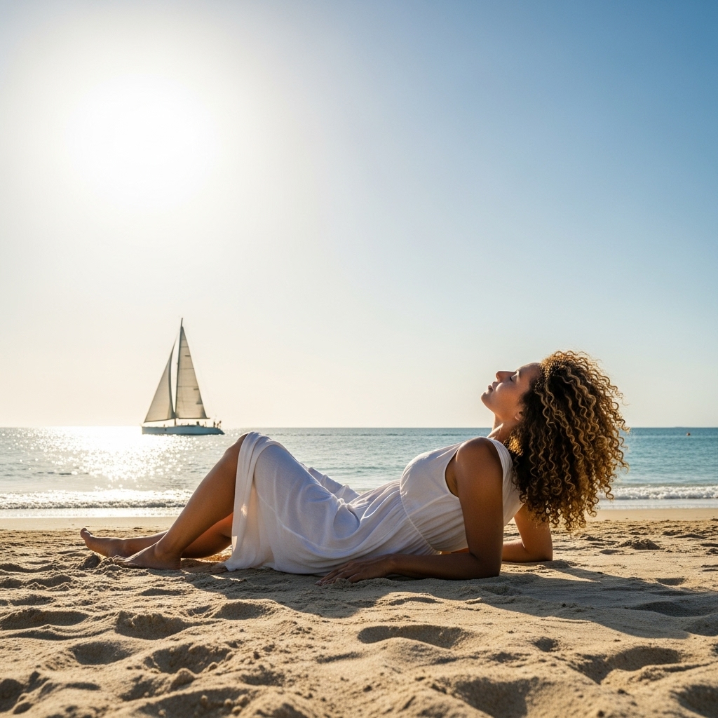 Femme aux cheveux bouclés sur une plage, protégeant ses cheveux des agressions extérieures