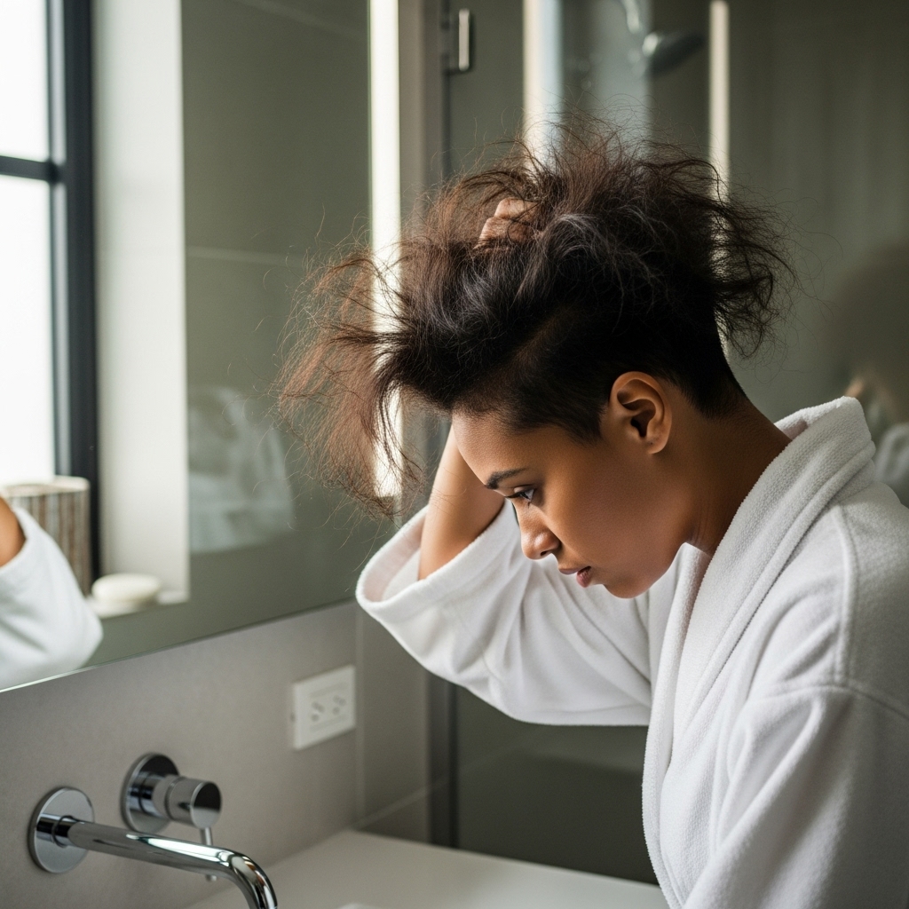 Femme pensive regardant ses cheveux abîmés dans le miroir