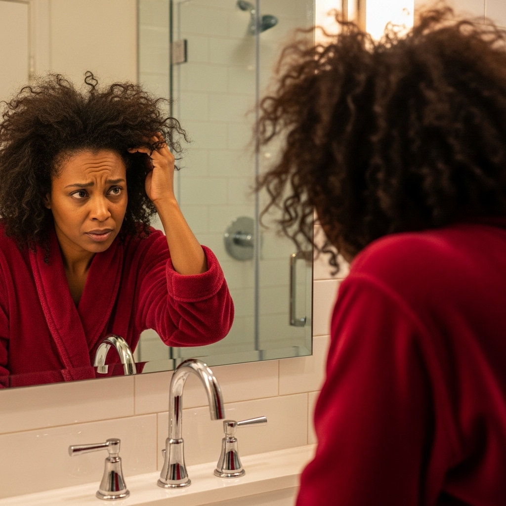 Femme en pleine réflexion sur ses cheveux