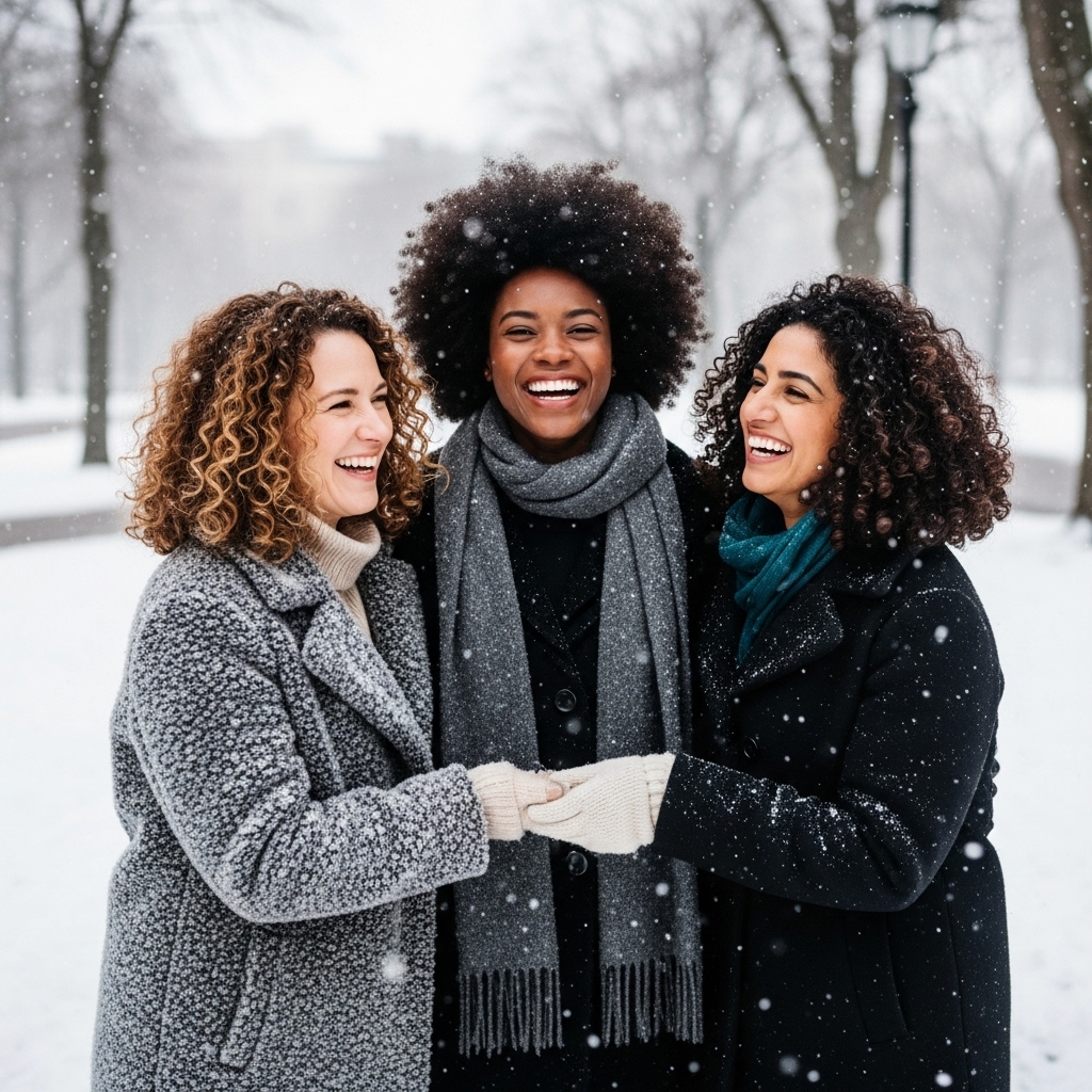Femme noire souriante avec des cheveux afro, portant un bonnet et une écharpe en hiver.