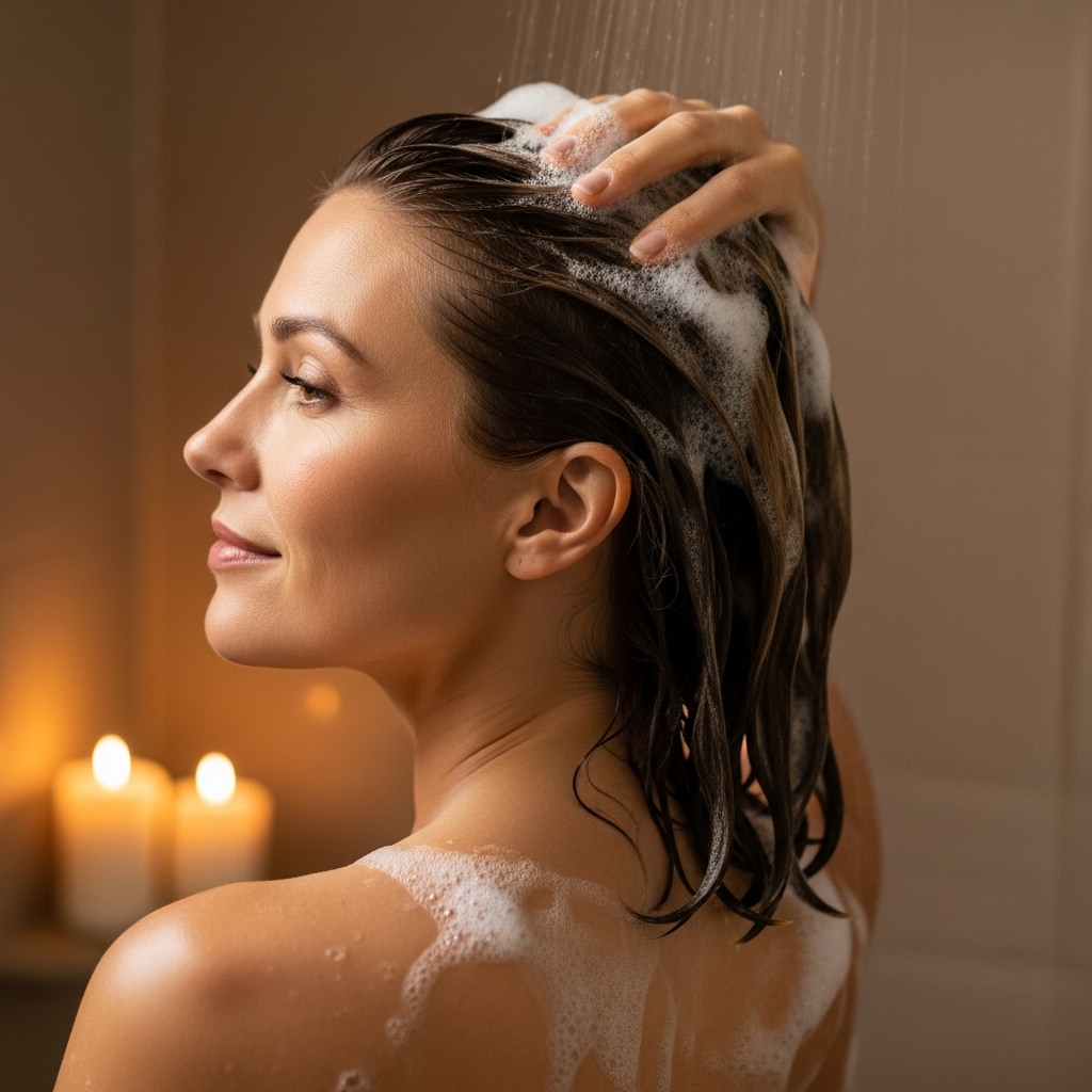 Femme appliquant un masque nourrissant sur ses cheveux bouclés.
